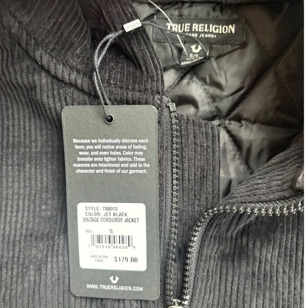 True Religion‎ Mens Corduroy Jacket Bomber Black Hooded Full Zip size small